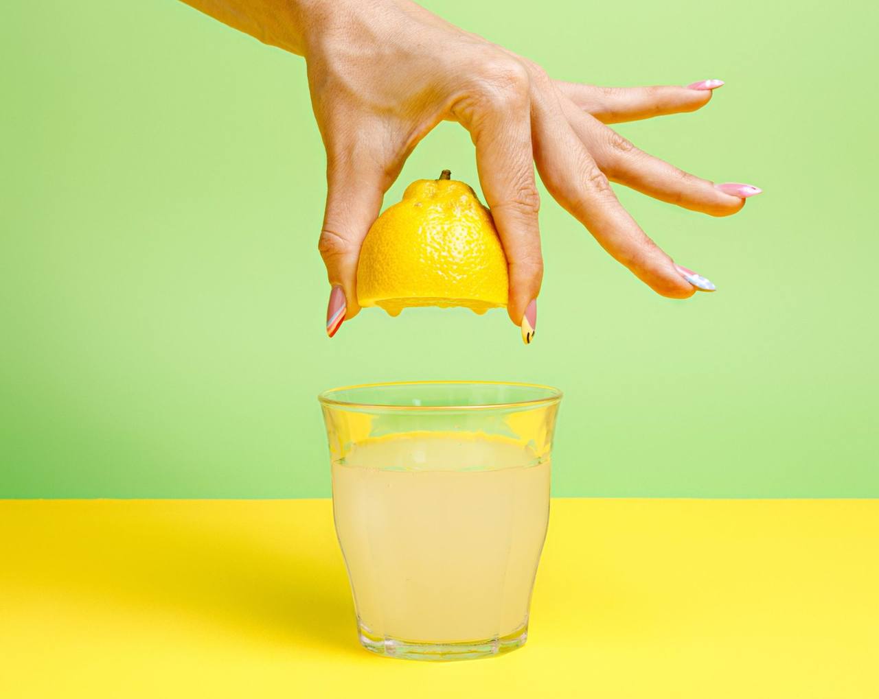 Dorë që shtrydh gjysmë limoni mbi një gotë limonadë