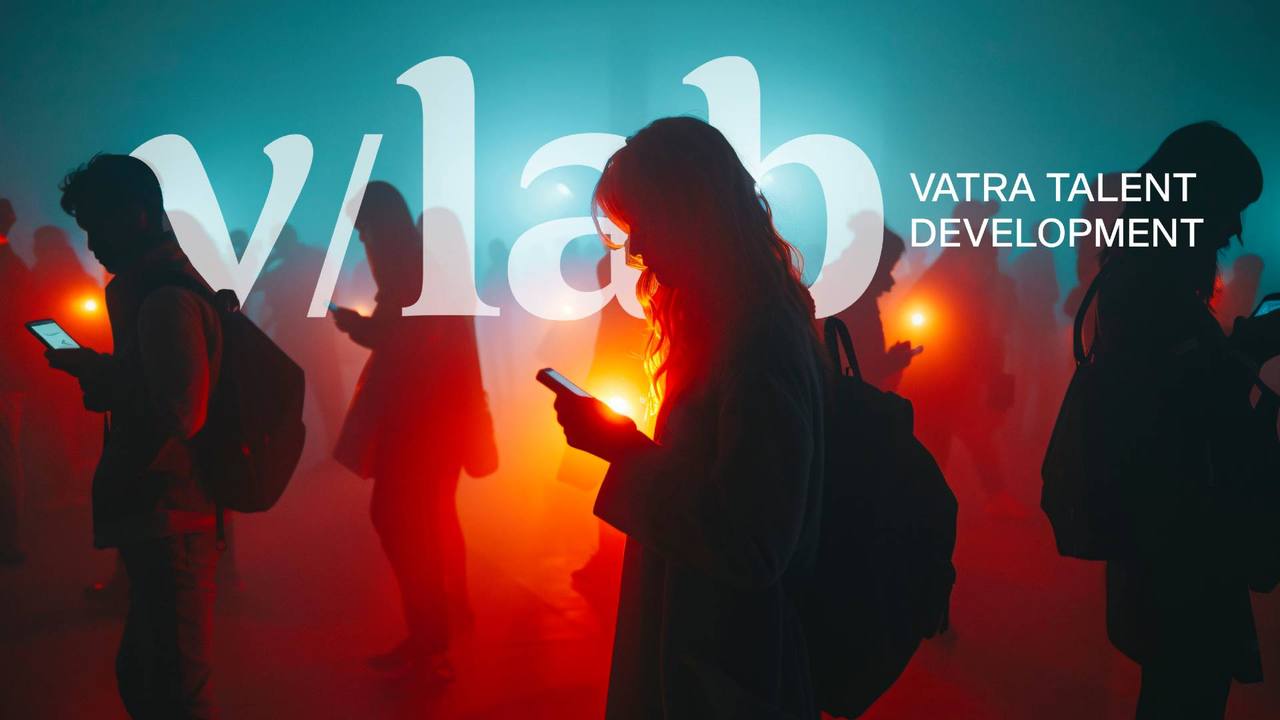 Silueta njerëzish që shohin telefonat nën logon v/lab, Vatra Talent Development